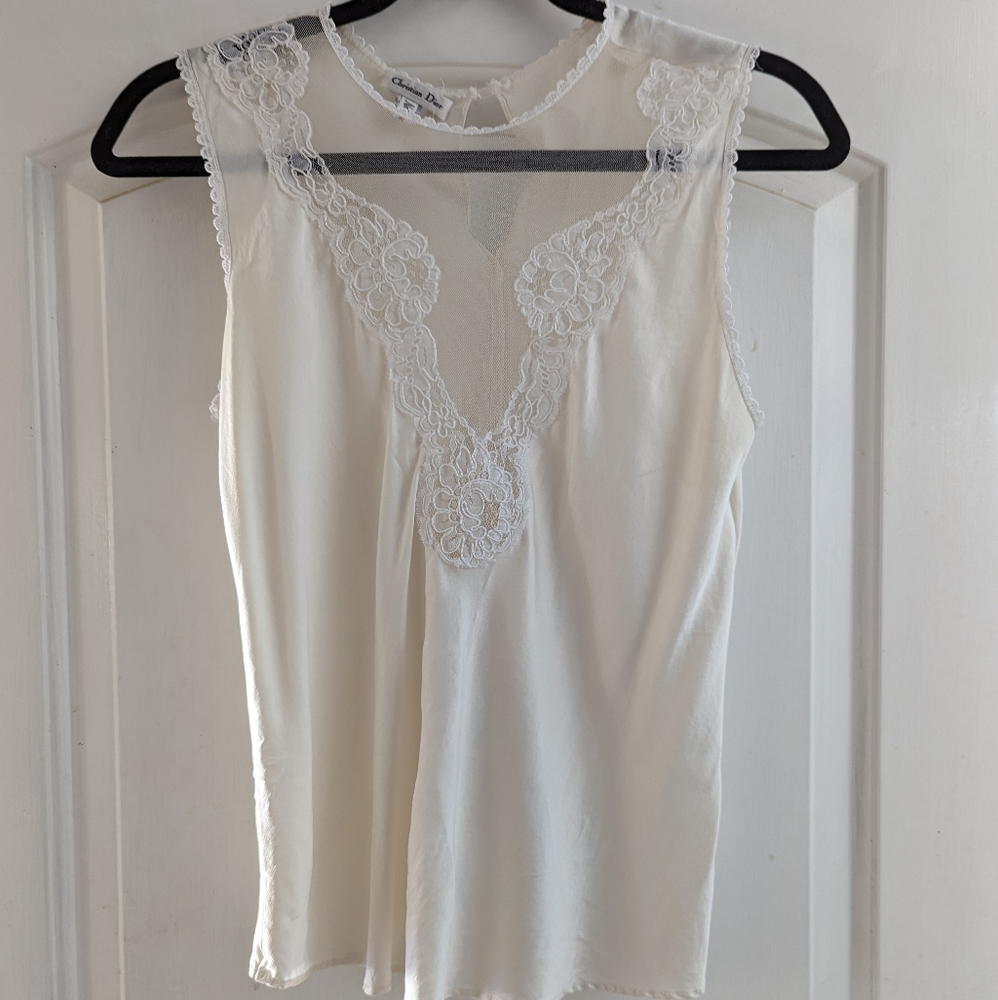 White Christian Dior Silk Lace Blouse Tank